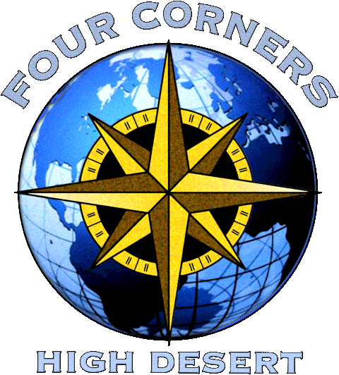 Four Corners High Desert Church logo, a globe with a gold compass star